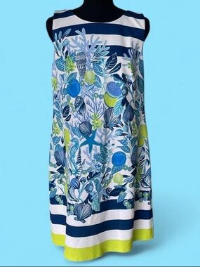 Eliza J - Sleeveless Nautical Floral Shift Dress in Navy, Blue & Lime